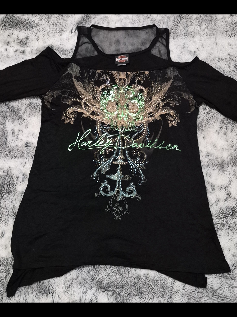 Harley-Davidson Black Cold-Shoulder Decorative Script Top